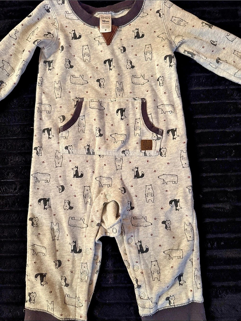 carter's Fleece Woodland Animals Jumpsuit Gray & Brown 18M